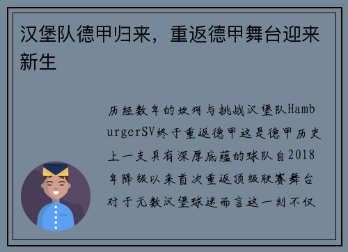 汉堡队德甲归来，重返德甲舞台迎来新生