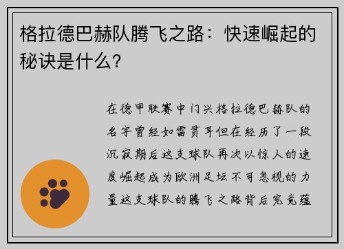 格拉德巴赫队腾飞之路：快速崛起的秘诀是什么？