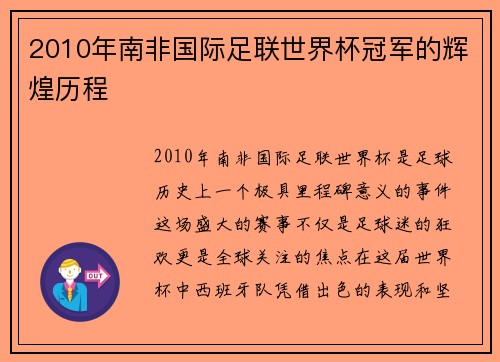 2010年南非国际足联世界杯冠军的辉煌历程