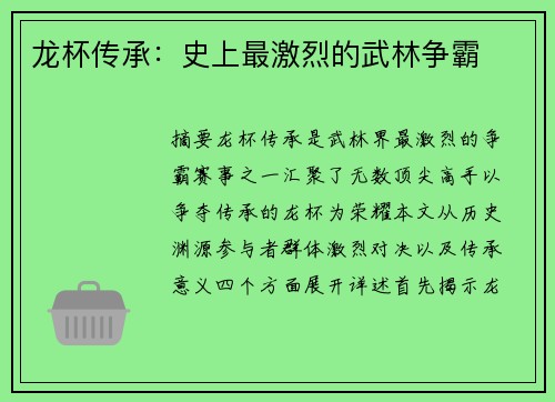 龙杯传承：史上最激烈的武林争霸