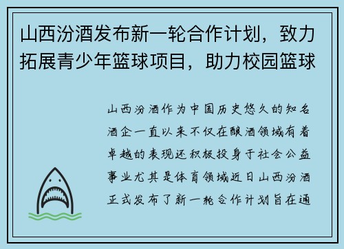 山西汾酒发布新一轮合作计划，致力拓展青少年篮球项目，助力校园篮球发展