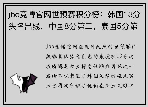 jbo竞博官网世预赛积分榜：韩国13分头名出线，中国8分第二，泰国5分第三 - 副本