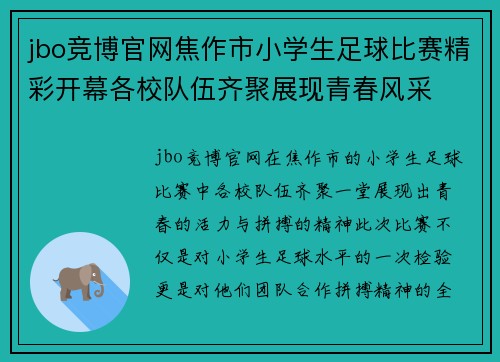 jbo竞博官网焦作市小学生足球比赛精彩开幕各校队伍齐聚展现青春风采